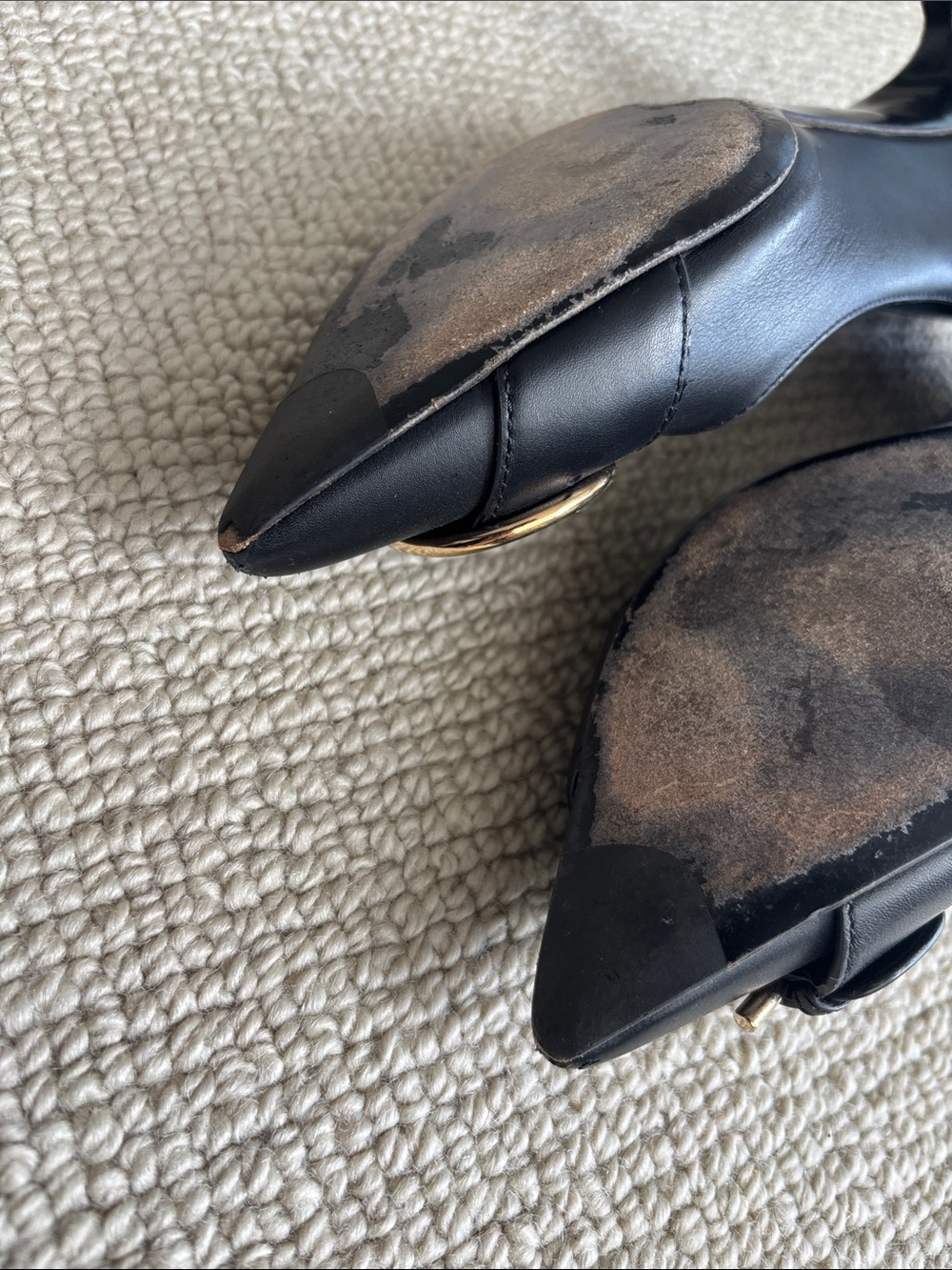 Salvatore Ferragamo Black Pointed Leather Flats with Gold Circular Buckle Accent - Picture 7 of 7